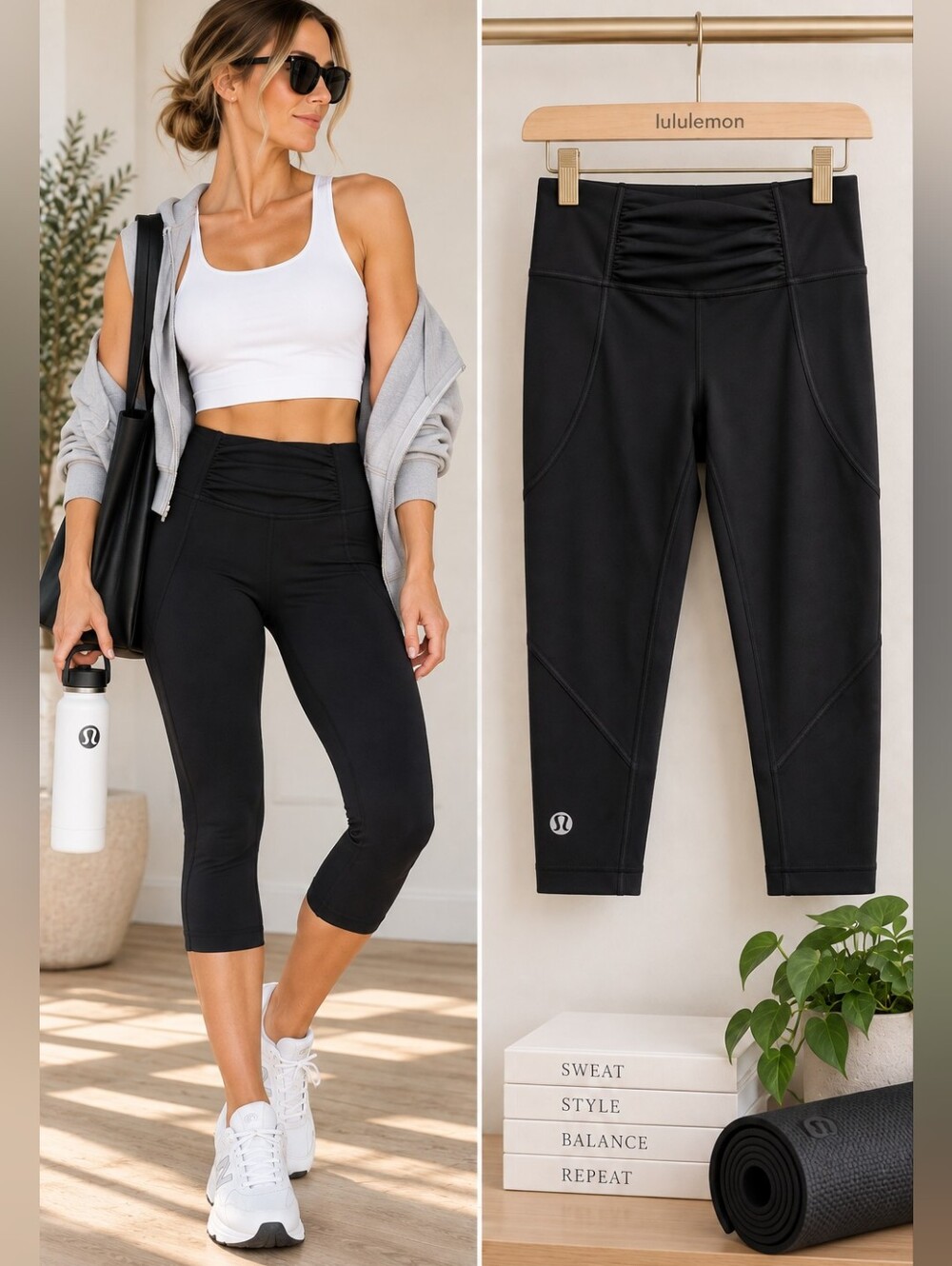 lululemon Black Mid-Rise Cropped Leggings Ruched Waist Size 4